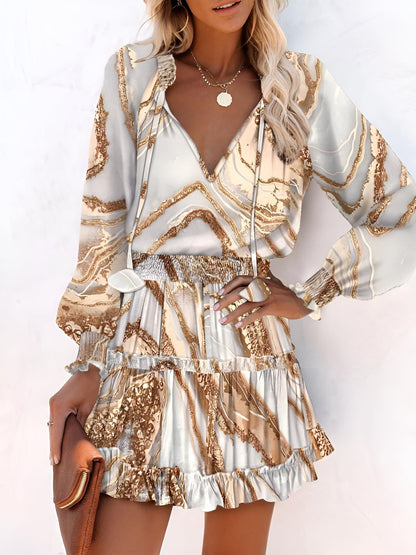 Effortless Floral Mini Dress for Women with V-Neck Long Sleeve Tiered Ruffle Style