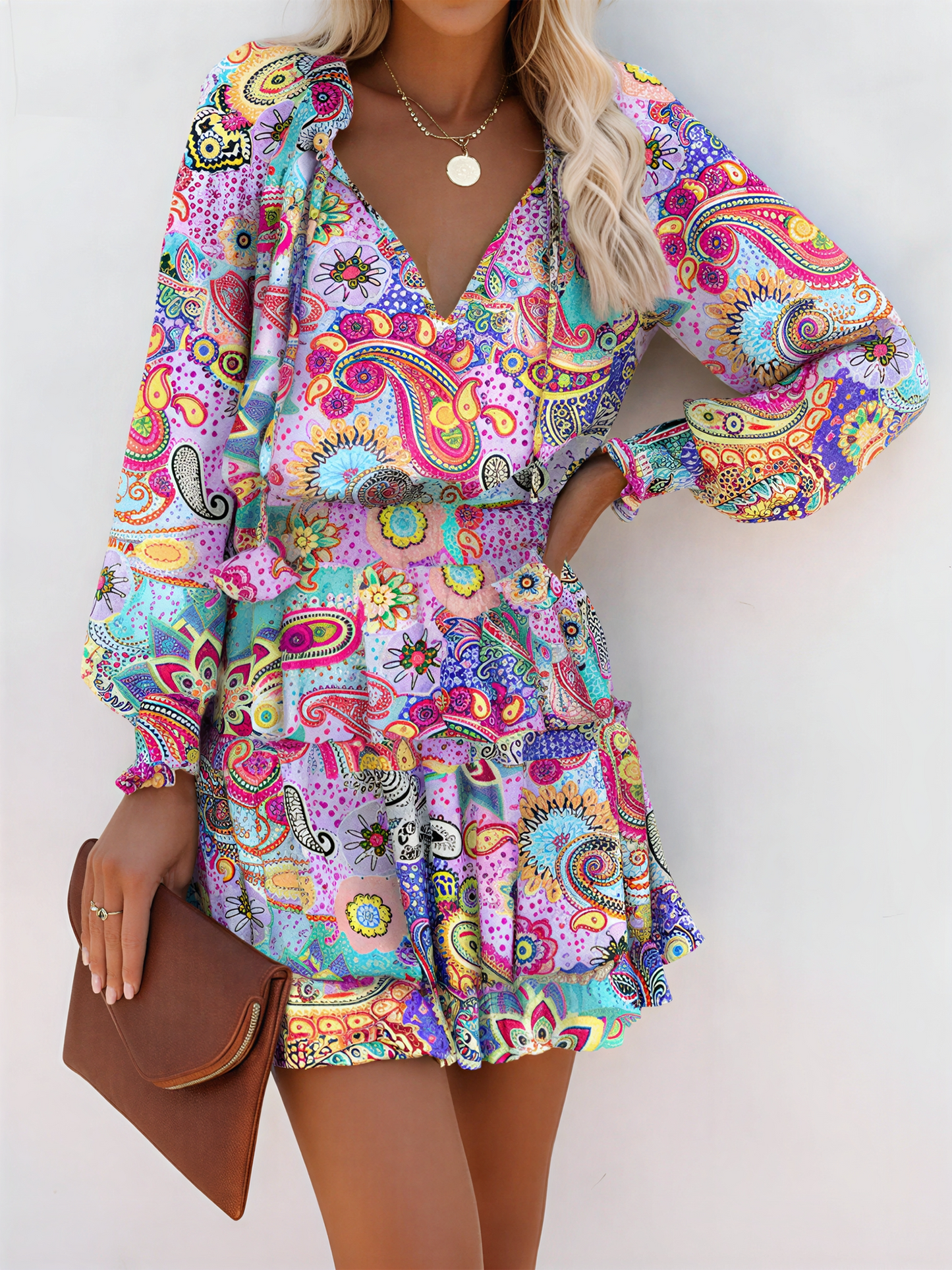 Effortless Floral Mini Dress for Women with V-Neck Long Sleeve Tiered Ruffle Style