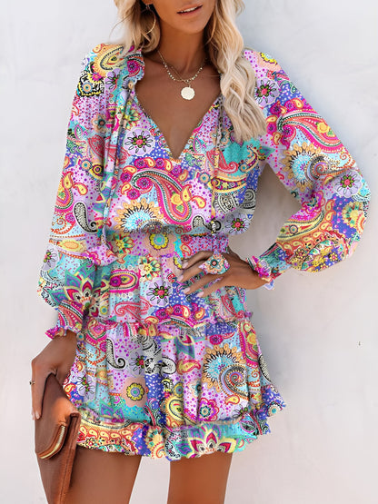 Effortless Floral Mini Dress for Women with V-Neck Long Sleeve Tiered Ruffle Style