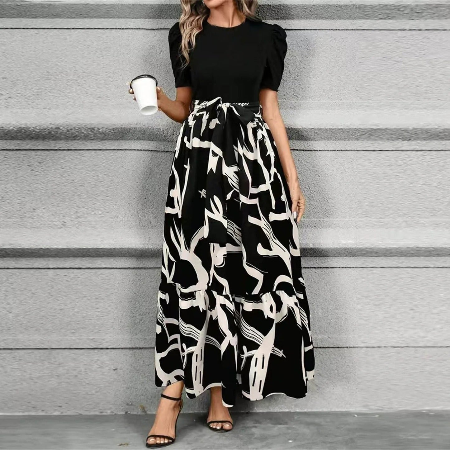 Effortless Floral Maxi Dress for Women with Puff Sleeve High Waist Flowy Skirt Style