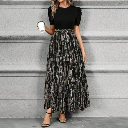 Effortless Floral Maxi Dress for Women with Puff Sleeve High Waist Flowy Skirt Style