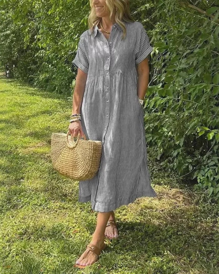Effortless Midi Dress for Women with Short Sleeve Button Down