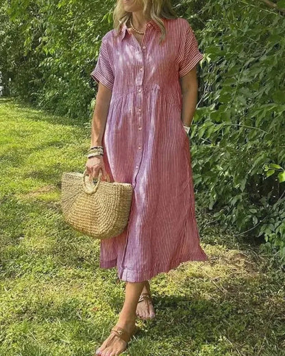Effortless Midi Dress for Women with Short Sleeve Button Down