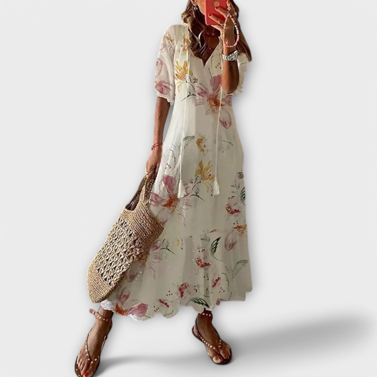 Effortless Floral Maxi Dress for Women with V-Neck Tassel Tie Short Sleeve Casual Style