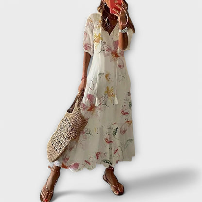 Effortless Floral Maxi Dress for Women with V-Neck Tassel Tie Short Sleeve Casual Style