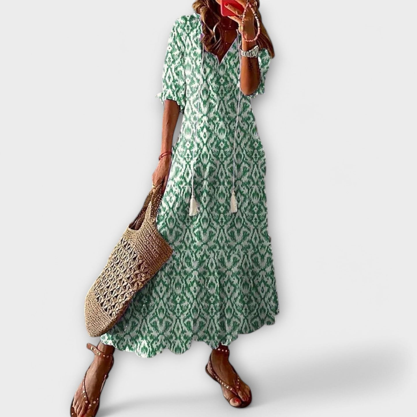 Effortless Floral Maxi Dress for Women with V-Neck Tassel Tie Short Sleeve Casual Style