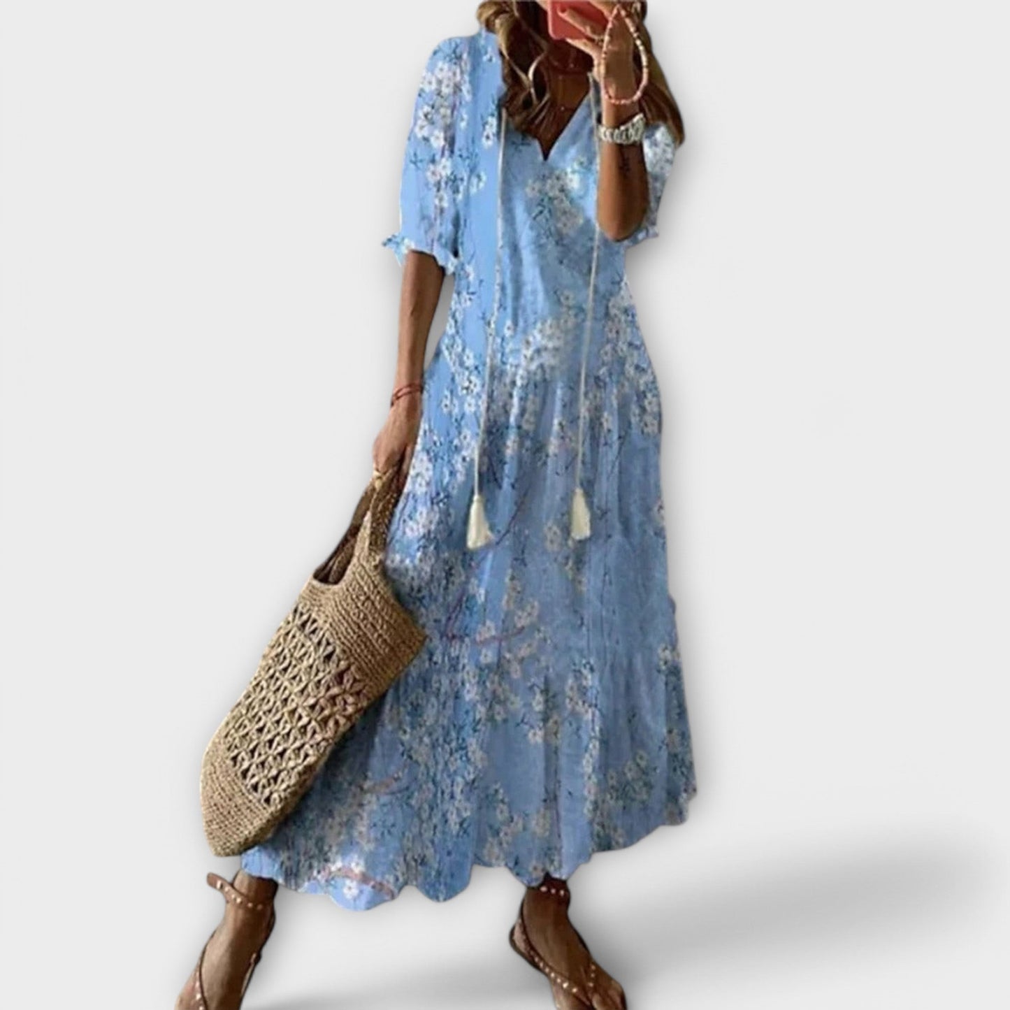 Effortless Floral Maxi Dress for Women with V-Neck Tassel Tie Short Sleeve Casual Style