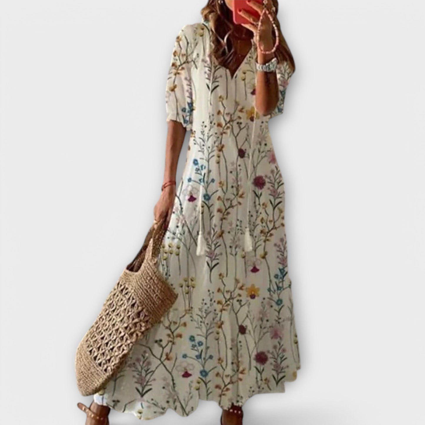 Effortless Floral Maxi Dress for Women with V-Neck Tassel Tie Short Sleeve Casual Style