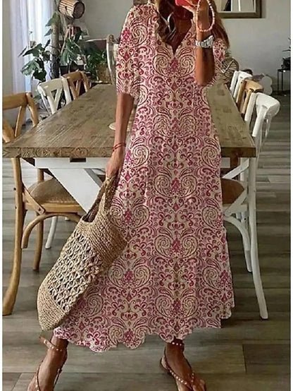 Stylish Geometric Dress for Women with V Neck Lantern Sleeve