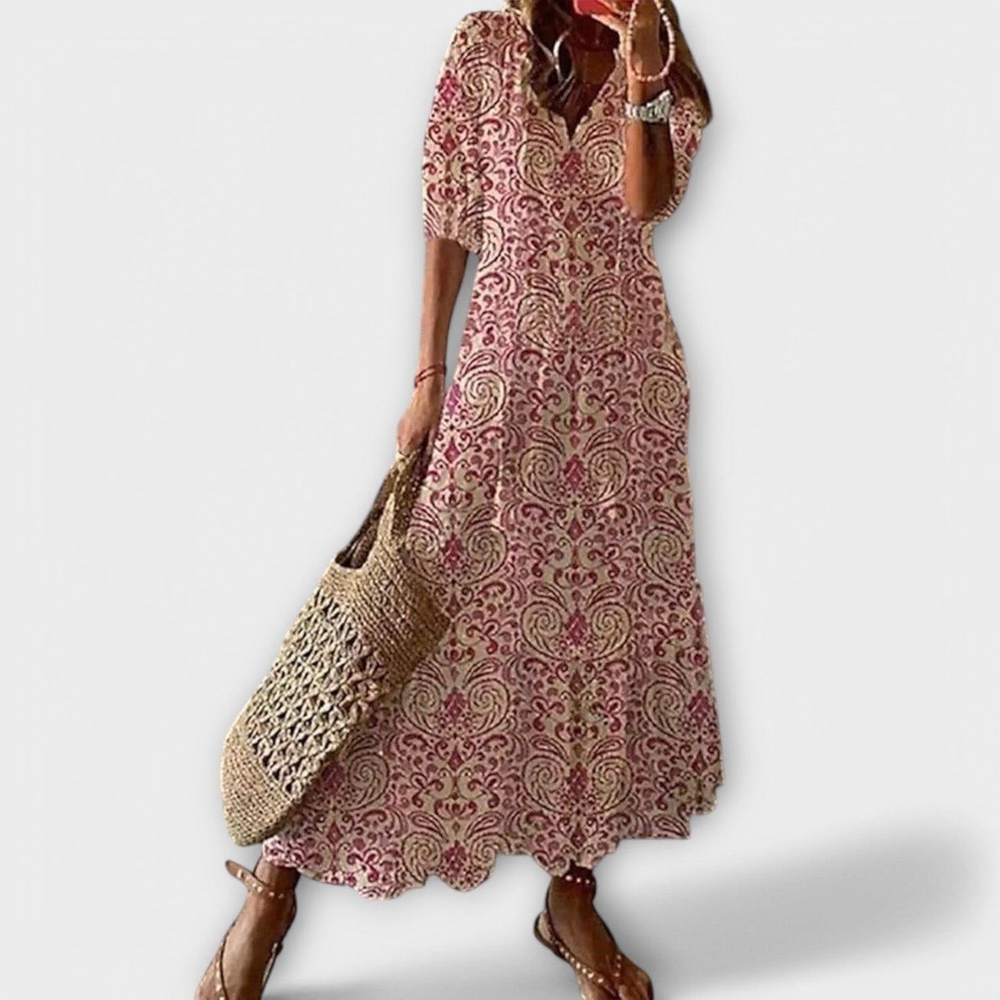 Effortless Floral Maxi Dress for Women with V-Neck Tassel Tie Short Sleeve Casual Style