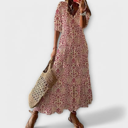 Effortless Floral Maxi Dress for Women with V-Neck Tassel Tie Short Sleeve Casual Style