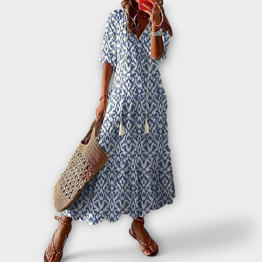 Effortless Floral Maxi Dress for Women with V-Neck Tassel Tie Short Sleeve Casual Style