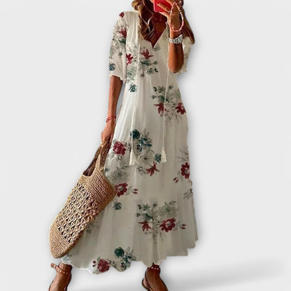 Effortless Floral Maxi Dress for Women with V-Neck Tassel Tie Short Sleeve Casual Style