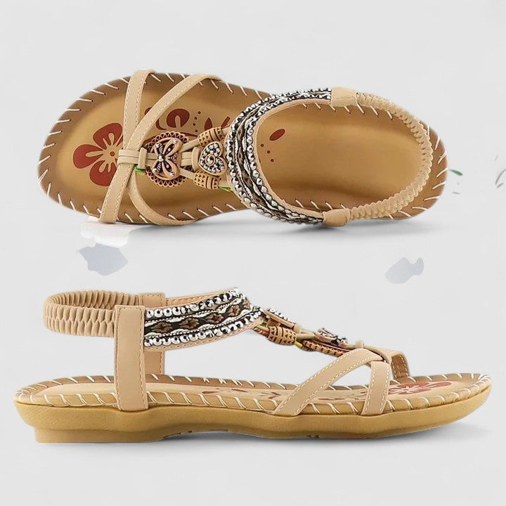 Elegant Orthopedic Sandals for Women with Beaded Embellishment Toe Loop Elastic Strap Casual Summer Style