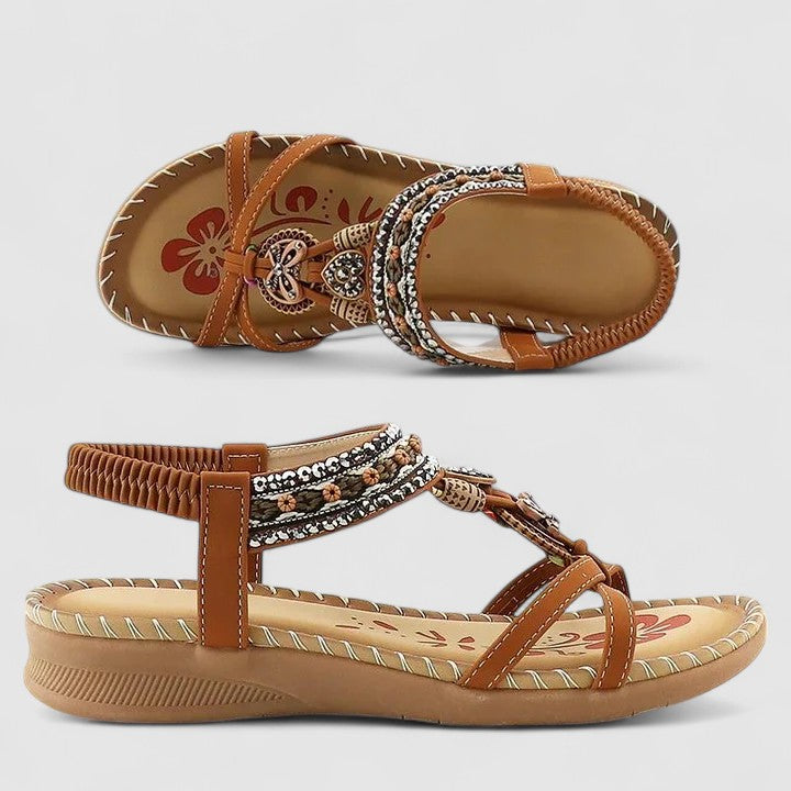 Elegant Orthopedic Sandals for Women with Beaded Embellishment Toe Loop Elastic Strap Casual Summer Style