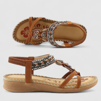 Elegant Orthopedic Sandals for Women with Beaded Embellishment Toe Loop Elastic Strap Casual Summer Style
