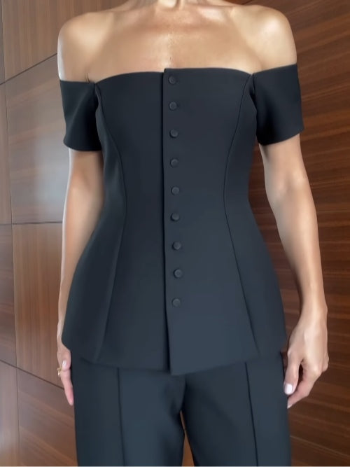 Elegant Black Two Piece Set for Women with Off Shoulder Button Down Vest Top Wide Leg Pants Formal Style