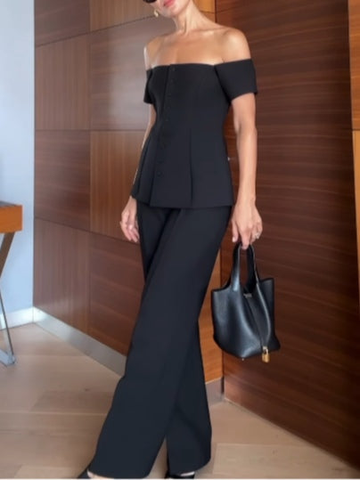 Elegant Black Two Piece Set for Women with Off Shoulder Button Down Vest Top Wide Leg Pants Formal Style