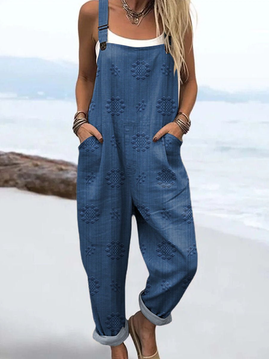Effortless Floral Textured Jumpsuit for Women with Adjustable Strap Wide Leg Pocket Casual Style