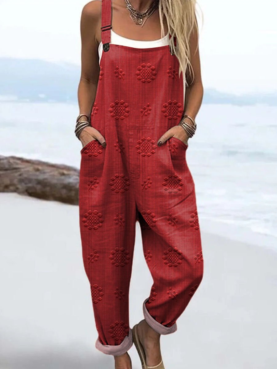 Effortless Floral Textured Jumpsuit for Women with Adjustable Strap Wide Leg Pocket Casual Style