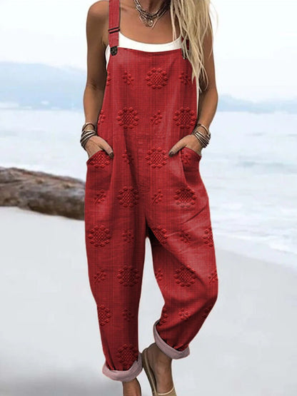 Effortless Floral Textured Jumpsuit for Women with Adjustable Strap Wide Leg Pocket Casual Style