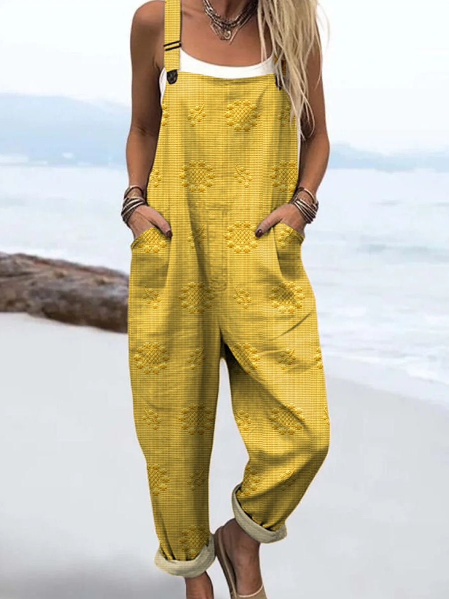 Effortless Floral Textured Jumpsuit for Women with Adjustable Strap Wide Leg Pocket Casual Style