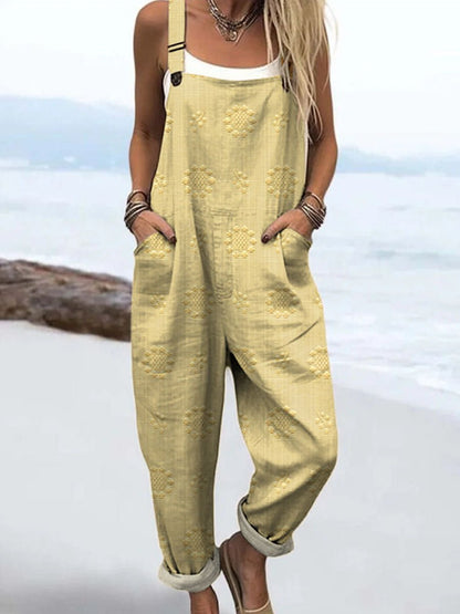 Effortless Floral Textured Jumpsuit for Women with Adjustable Strap Wide Leg Pocket Casual Style