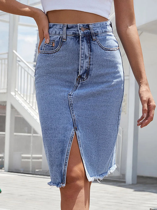 Effortless Denim Midi Skirt for Women with High Waist Front Slit Frayed Hem Casual Style
