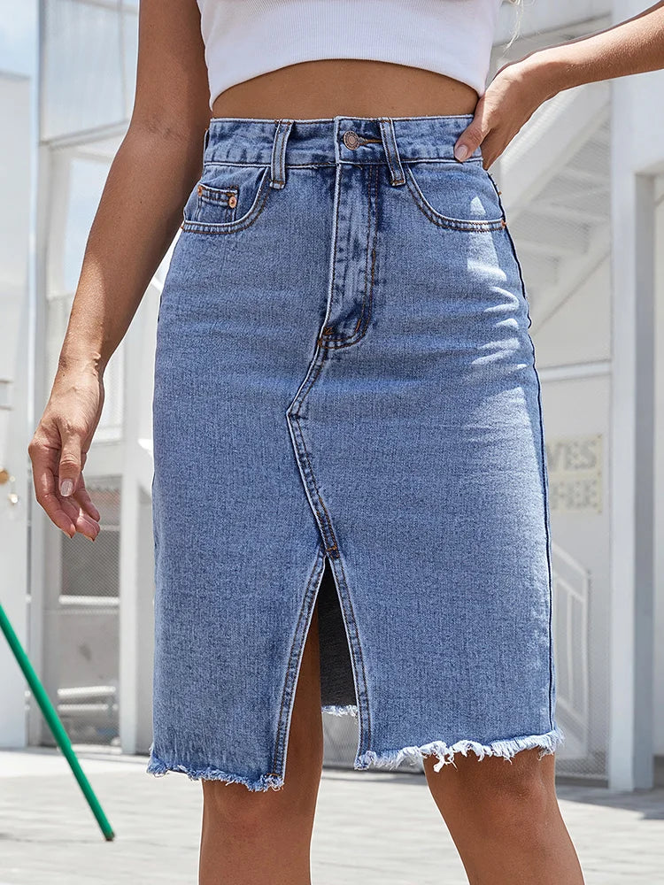 Effortless Denim Midi Skirt for Women with High Waist Front Slit Frayed Hem Casual Style