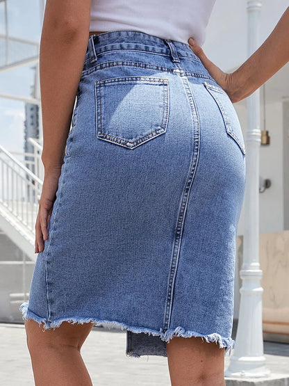 Effortless Denim Midi Skirt for Women with High Waist Front Slit Frayed Hem Casual Style