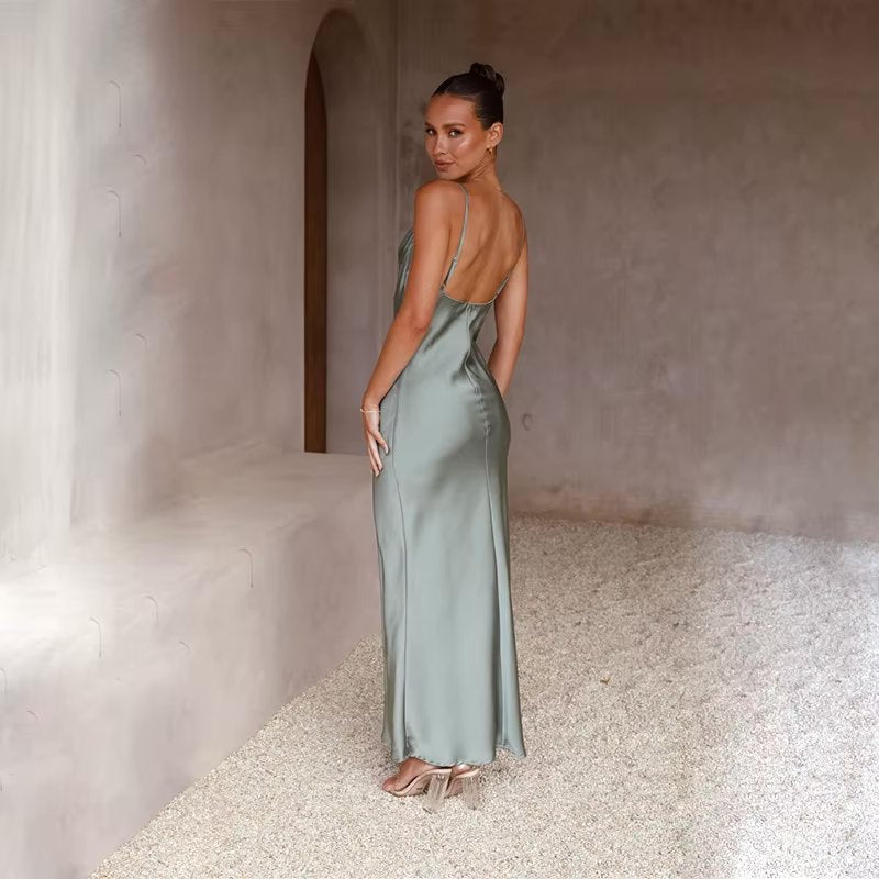 Florence | Women's Backless Satin Maxi Dress with High Slit