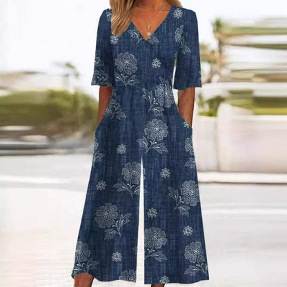 Lily | Women's Boho Floral Print V-Neck Wide-Leg Jumpsuit