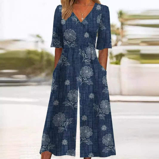 Lily | Women's Boho Floral Print V-Neck Wide-Leg Jumpsuit