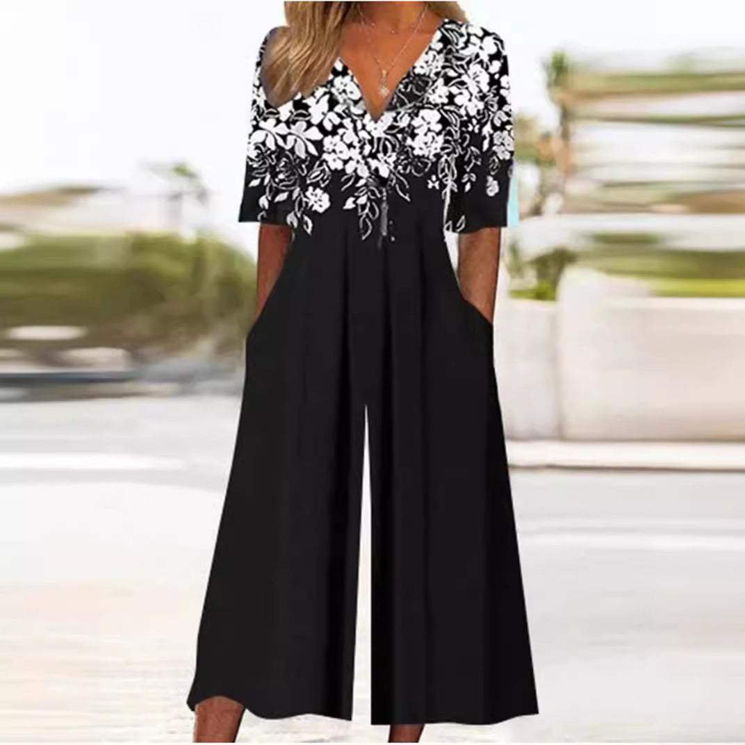 Lily | Women's Boho Floral Print V-Neck Wide-Leg Jumpsuit