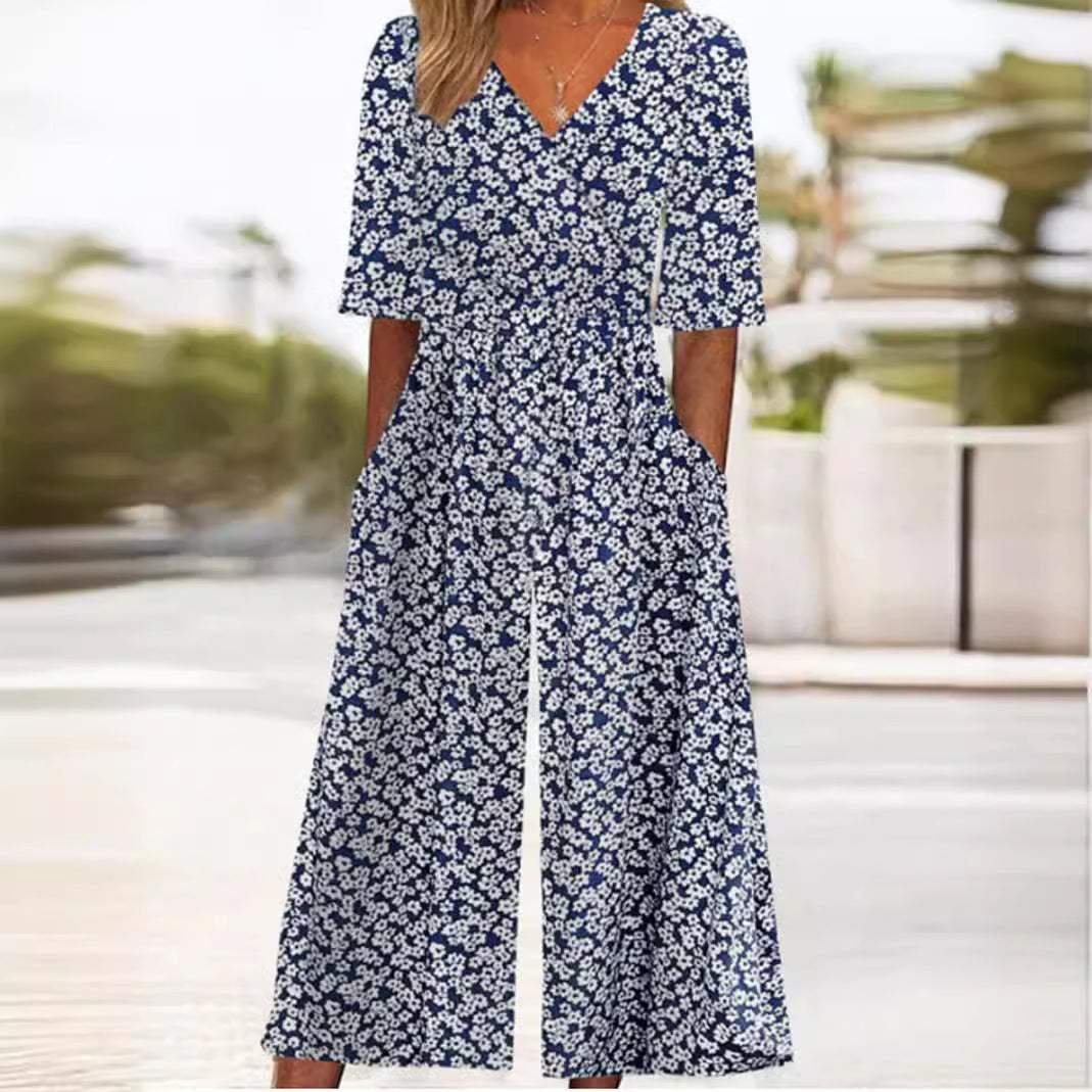 Lily | Women's Boho Floral Print V-Neck Wide-Leg Jumpsuit