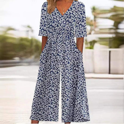 Lily | Women's Boho Floral Print V-Neck Wide-Leg Jumpsuit