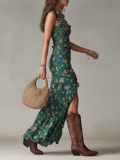 Sienna | Women's Boho Floral Ruffle-Strap Maxi Dress