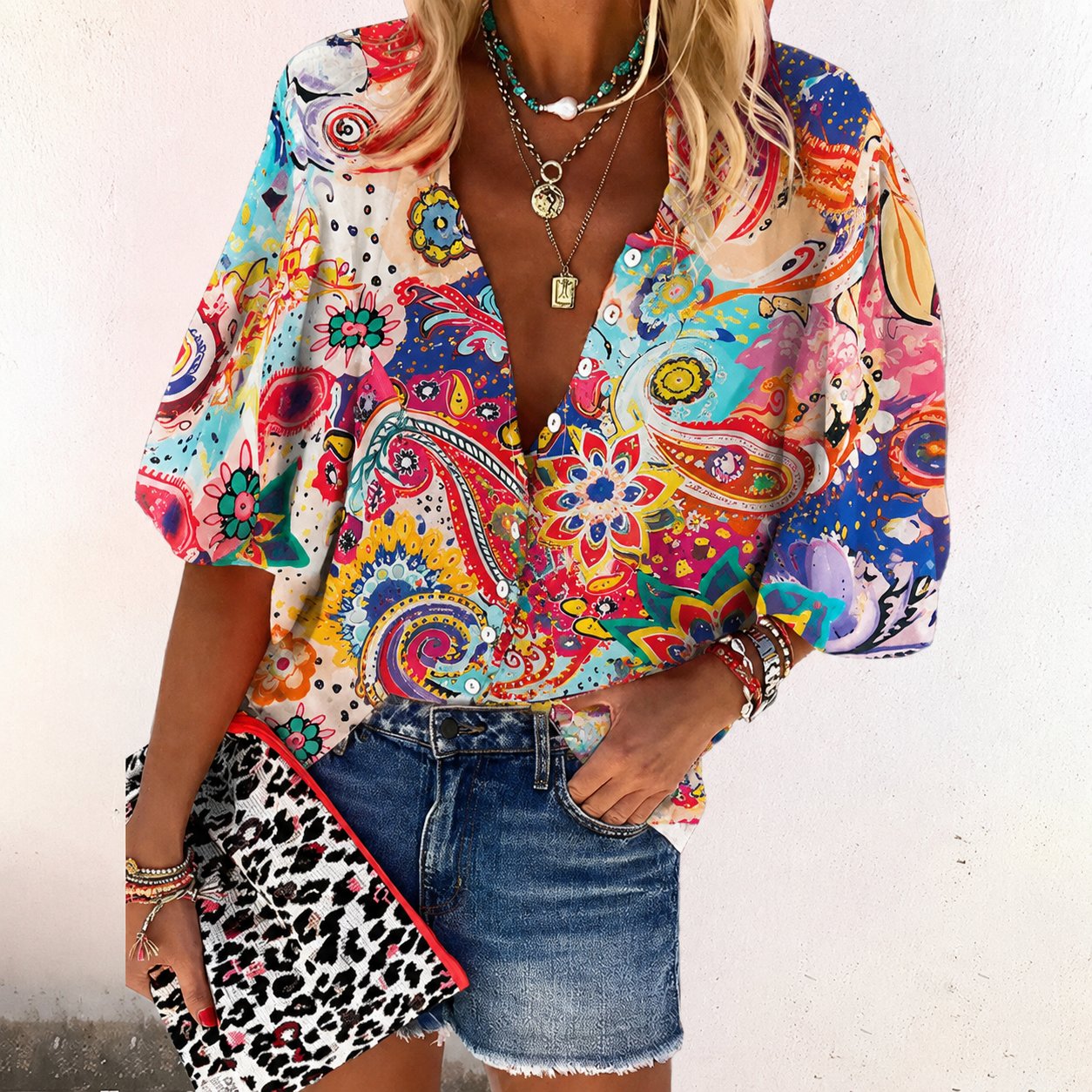 Ava | Women's Boho Floral V-Neck Long Sleeve Button-Down Blouse