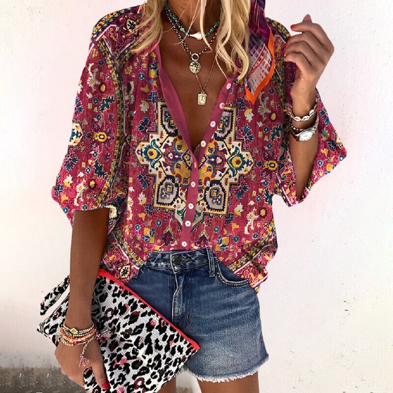 Ava | Women's Boho Floral V-Neck Long Sleeve Button-Down Blouse