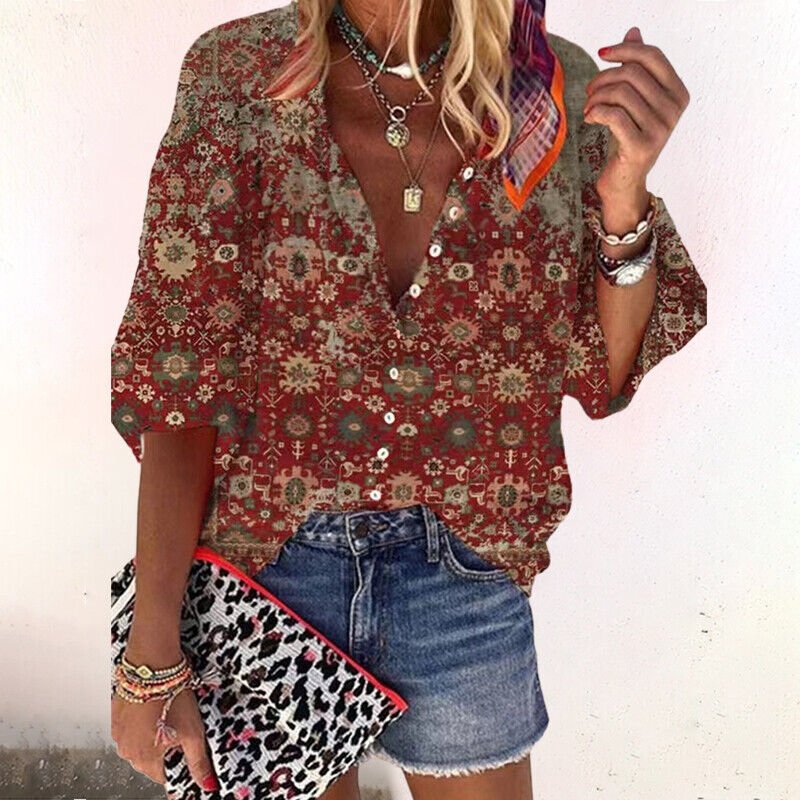 Ava | Women's Boho Floral V-Neck Long Sleeve Button-Down Blouse