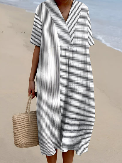 Sienna | Women's Boho V-Neck Short-Sleeve Striped Midi Dress