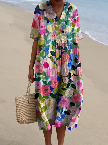 Sienna | Women's Boho V-Neck Short-Sleeve Striped Midi Dress