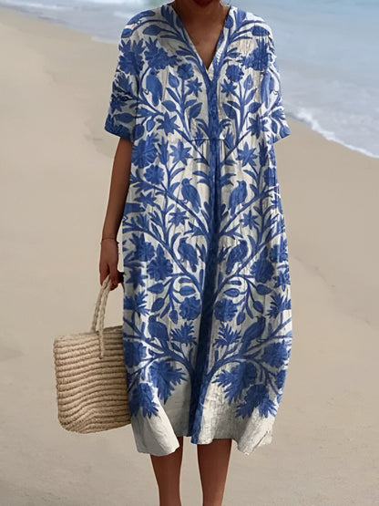 Sienna | Women's Boho V-Neck Short-Sleeve Striped Midi Dress
