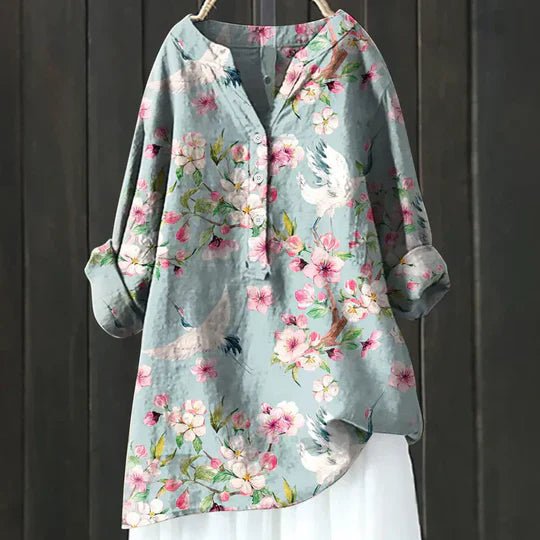 Effortless Floral Tunic for Women with V-Neck Long Sleeve Button Up Linen Relaxed Casual Style