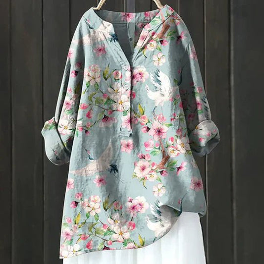 Effortless Floral Tunic for Women with V-Neck Long Sleeve Button Up Linen Relaxed Casual Style