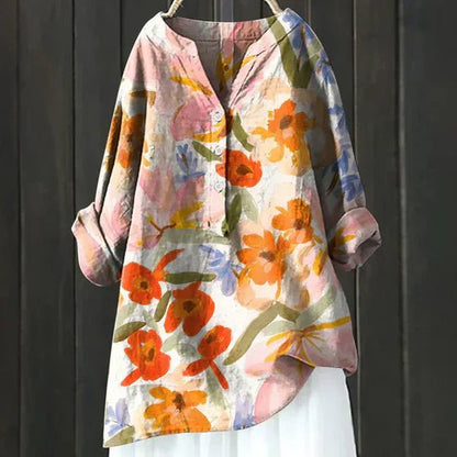 Effortless Floral Tunic for Women with V-Neck Long Sleeve Button Up Linen Relaxed Casual Style