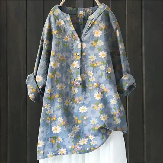 Effortless Floral Tunic for Women with V-Neck Long Sleeve Button Up Linen Relaxed Casual Style