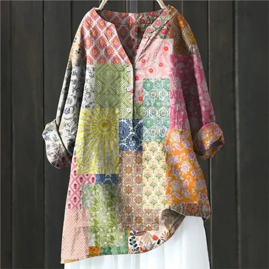 Effortless Floral Tunic for Women with V-Neck Long Sleeve Button Up Linen Relaxed Casual Style