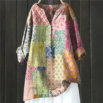 Effortless Floral Tunic for Women with V-Neck Long Sleeve Button Up Linen Relaxed Casual Style
