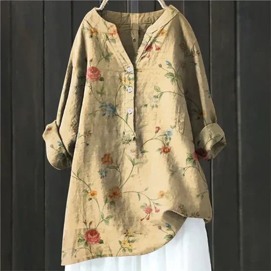 Effortless Floral Tunic for Women with V-Neck Long Sleeve Button Up Linen Relaxed Casual Style